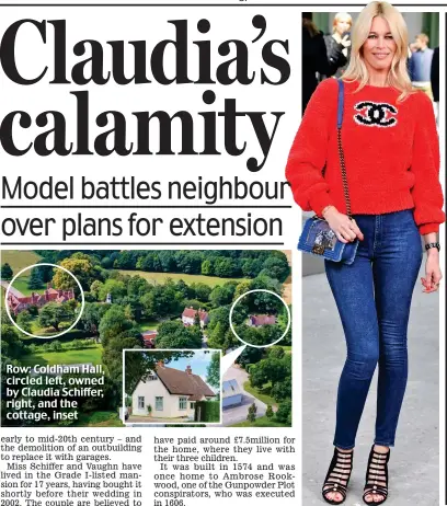  ??  ?? Row: Coldham Hall, circled left, owned by Claudia Schiffer, right, and the cottage, inset
