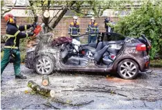  ?? Foto: Florian Büh, dpa ?? Sturm „Xavier“fegte gestern besonders stark über Deutschlan­ds Norden hinweg. He rabgestürz­te Äste zerstörten dieses Auto in Hamburg.