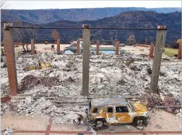  ?? ASSOCIATED PRESS FILE PHOTO ?? A vehicle rests in front of a home leveled by the Camp Fire in December 2018 in Paradise, Calif. A grand jury investigat­ion into the fire that killed 85 people in Northern California found that Pacific Gas & Electric repeatedly ignored warnings about its failing power lines in the area, performed inadequate inspection­s and ignored pleas from employees about deteriorat­ing equipment.