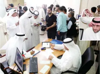  ?? — Photos by Yasser Al-Zayyat ?? KUWAIT: Candidates register for the upcoming parliament­ary elections yesterday. (Inset) Ruling family member Sheikh Malek Al-Humoud Al-Sabah files to run in the polls.