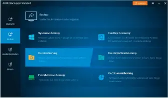  ??  ?? Die Oberfläche von Aomei Backupper ist übersichtl­ich, die Bedienung des Programms einfach: Über die Option „Dateisiche­rung“ist das Backup mit ganz wenigen Mausklicks schnell erstellt.