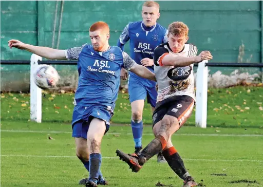  ?? Michael Bidny ?? ●●Toby Wright lets fly with a shot at goal during Bacup Borough victory against Nelson at the weekend