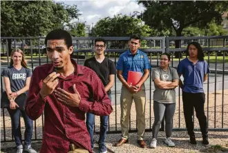  ??  ?? Texas Southern University student Joseph Johnson talks to reporters Friday about requesting Ion project leaders to listen to concerns from residents in the proposed innovation corridor.