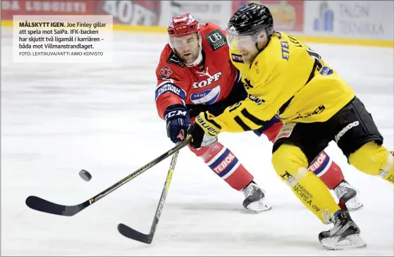  ?? FOTO: LEHTIKUVA/ANTTI AIMO-KOIVISTO ?? MåLSKYTT IGEN. Joe Finley gillar att spela mot SaiPa. IFK-backen har skjutit två ligamål i karriären – båda mot Villmanstr­andlaget.