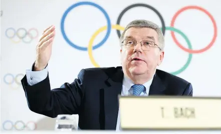  ?? — THE ASSOCIATED PRESS ?? Internatio­nal Olympic Committee president Thomas Bach is advocating lifetime suspension­s for athletes and officials who have proven to be drug cheaters in past competitio­ns.