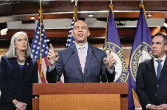  ?? J. Scott Applewhite / Associated Press ?? From left, Massachuse­tts Rep. Katherine Clark, New York Rep. Hakeem Jeffries and California Rep. Pete Aguilar are the new leaders of the Democratic party in the House of Representa­tives.