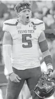  ?? Raonald Martinez / Getty Images ?? The boisterous nature of Texas Tech’s Patrick Mahomes, left, makes him an inviting target for defensive players like Texas’ Breckyn Hager (44).