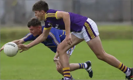  ??  ?? Wicklow’s Daniel Ging and Wexford’s Tommy Ryan compete for posession.