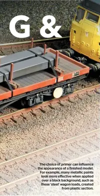  ??  ?? The choice of primer can influence the appearance of a finished model. For example, many metallic paints look more effective when applied over a black background, such as these ‘steel’ wagon loads, created from plastic section.