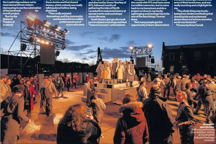  ??  ?? Dramatic spectacula­r Shift was performed in an outdoor setting at Summerlee industrial heritage museum
