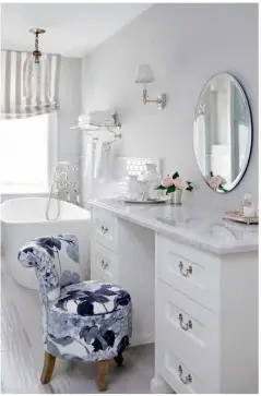  ??  ?? ABOVE “Having a makeup vanity in the bathroom is an incredible bonus,” says Raewyn. “It gives me my own space and offers so much storage for all my girly things.”