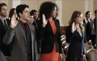  ??  ?? Wesam Keesh, left, Jasmin Savoy Brown and Britt Robertson. share a scene in the recent first episode of “For the People” on ABC.