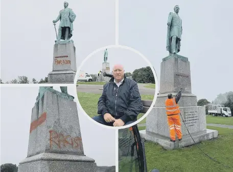  ??  ?? Dave Royal, 59, of Grangetown, pictured near the vandalised statue as it was being cleaned by a council worker.