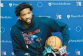  ?? MATT ROURKE/AP ?? Joel Embiid, who’s recovering from knee surgery, said Thursday that he wants to return this season no matter where the 76ers are in the Eastern Conference standings. Embiid also said he still wants to play for the United States at the Olympics this summer in Paris.