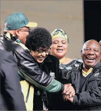  ??  ?? ANC president Jacob Zuma, Winnie Madikizela-Mandela and ANC deputy president Cyril Ramaphosa at the first day of the ANC’s 5th national policy conference held at Nasrec Expo Centre.