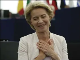  ??  ?? Ursula von der Leyen gestures after being elected as the new European Commission President at the European Parliament in Strasbourg, eastern France, on Tuesday. AP PHOTO/JEAN-FRANCOIS BADIAS