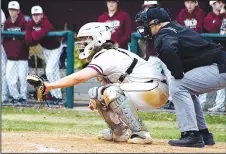  ?? Randy Moll/Westside Eagle Observer ?? Gentry catcher Crafton Beeler waits for the pitch during Gentry’s home game against Siloam Springs on Feb. 21.