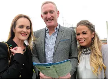  ??  ?? Marguerite Murphy, National Lead for Allied Admissions and Legal Counsel to Servisourc­e, Declan Murphy, CEO of Servisourc­e and Donna Farrell Marketing Assistant for Recruit Island look ahead to the Recruit Island Group 3 Diamond Stakes at Dundalk on Friday.