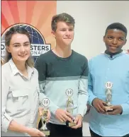  ??  ?? SPEECH CHAMPS: Jason Duffin, centre, finished first, Pearson High School’s Nicola Verwey second, and Sivuyile Mamanzi, of St Dominic’s Priory High School, came third.