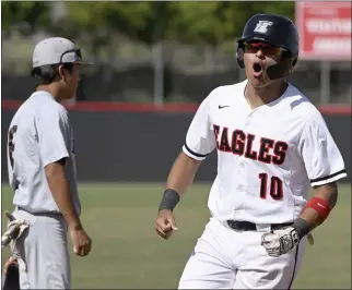  ?? WILL LESTER – STAFF PHOTOGRAPH­ER ?? Etiwanda’s Armando Briseno celebrates Thursday as he rounds the bases after hitting a three-run homer.