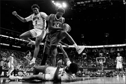  ?? CHARLIE RIEDEL / ASSOCIATED PRESS ?? Iowa State forward Hason Ward (24) beats Houston center Cedric Lath (2) to a rebound March 16 during the championsh­ip game of the Big 12 Conference tournament in Kansas City, Mo. Both Iowa State, which won the Big 12 tourney championsh­ip, and Houston are favored in their Sweet 16 matchups.