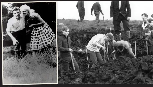  ??  ?? OVER Hindley og Brady poserer for et selvportre­tt tatt i 1960- årene på Saddlewort­h Moor, hvor de begravde ofrene sine. HØYRE Bilde fra 1. januar 1965, der en politimann fortsetter å grave på stedet der drapsoffer­et Lesley Downeys lik ble funnet, men...