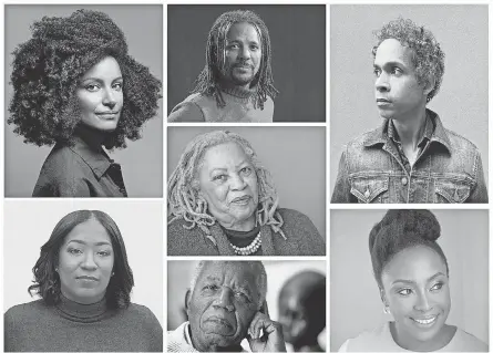  ??  ?? Clockwise, top left: Kiley Reid, Colson Whitehead, David Chariandy, Chimamanda Ngozi Adichie, Chinua Achebe, Brit Bennett and center, Toni Morrison. DAVID GODDARD, ROBERT DEUTSCH, BLOOMSBURY, DEAR IJAEWELE, AP, EMMA TRIM AND MICHAEL LIONSTAR