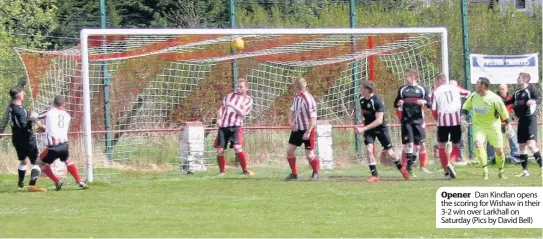  ??  ?? Opener Dan Kindlan opens the scoring for Wishaw in their 3-2 win over Larkhall on Saturday (Pics by David Bell)