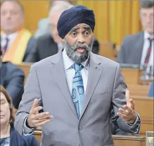  ?? CP PHOTO ?? Defence Minister Harjit Sajjan responds to a question during question period in the House of Commons on Parliament Hill in Ottawa on Monday.