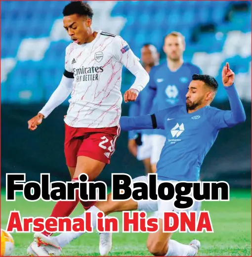  ??  ?? Folarin Balogun beat a Molde defender to score Arsenal third goal in the Europa League on Thursday