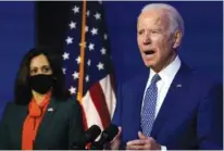  ?? AP PHOTO/ CAROLYN KASTER ?? President-elect Joe Biden, joined by Vice President-elect Kamala Harris, speaks at The Queen theater on Monday in Wilmington, Del.