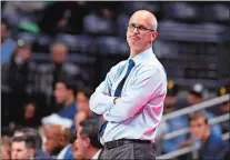  ?? STEPHEN DUNN/AP PHOTO ?? In this Nov. 13, 2019, file photo, UConn head coach Dan Hurley looks disgusted as his team falls behind in the second half of a game against St. Joseph’s at Gampel Pavilion in Storrs.