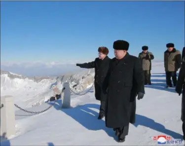  ?? KOREAN CENTRAL NEWS AGENCY — KOREA NEWS SERVICE VIA AP ?? North Korean leader Kim Jong Un, right at front, visits Mt. Paektu, Ryanggang Province, North Korea