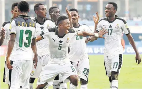  ?? PTI ?? Ghana players celebrate their 20 win against Niger in their FIFA U17 World Cup match at the DY Patil Stadium in Mumbai on Wednesday.