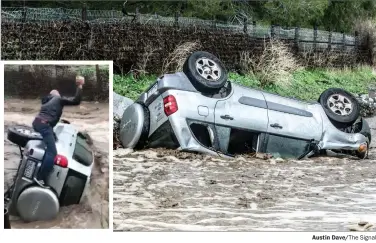  ?? Austin Dave/The Signal ?? Fast-moving water overturned a Toyota RAV4 and carried it down stream after a driver tried to cross Road Runner Road in Canyon Country. (Insert) A man jumps up on the Toyota RAV4 to help the trapped owner escape.