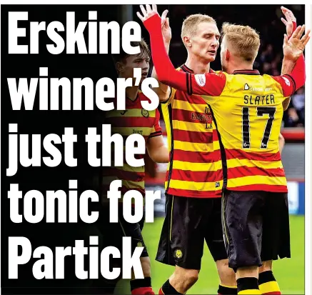  ??  ?? HERE’S TO YOU: Thistle’s veteran forward Erskine celebrates his winning goal with Craig Slater, who provided the assist