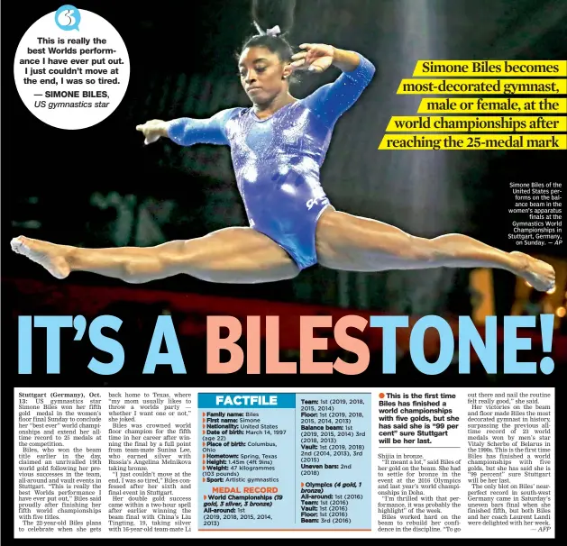  ?? — AP ?? Simone Biles of the United States performs on the balance beam in the women’s apparatus finals at the Gymnastics World Championsh­ips in Stuttgart, Germany, on Sunday.