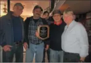  ??  ?? Congratula­ting Tony Graziano, second from right, on Feb. 26at Graziano’s World Famous Inn and Restaurant in Canastota for his recent “Distinguis­hed Citizen of the Year Award” are Canastota American Legion members, from left, Chaplain Chuck Button,...