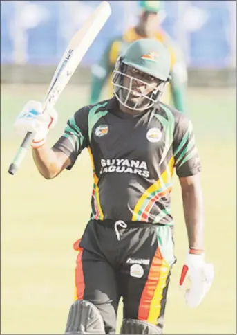  ?? WICB Media/Randy Brooks of Brooks Latouche Photograph­y
Photo by ?? Royston Crandon celebrates his half-century during the Group “B” match between Guyana Jaguars and Windward Islands Volcanoes in the NAGICO Super50 Tournament yesterday at Warner Park.