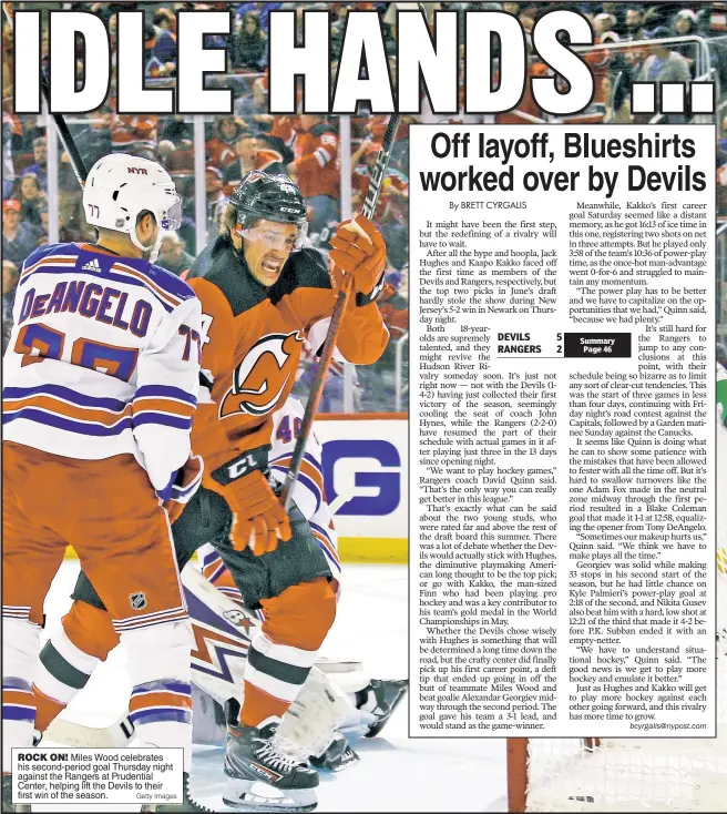  ?? Getty Images ?? ROCK ON! Miles Wood celebrates his second-period goal Thursday night against the Rangers at Prudential Center, helping lift the Devils to their first win of the season.