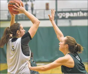  ?? JASON MALLOY/THE GUARDIAN ?? Carolina Del Santo, left, looks for a teammate to pass to while being defended by Julie Campbell during UPEI Panthers practice on Wednesday.