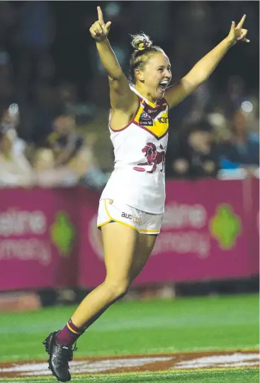  ?? Picture: AAP ?? OH YES: Megan Hunt of the Brisbane Lions celebrates a goal in the AFLW match against the Western Bulldogs in Melbourne on Saturday.