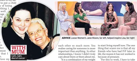  ??  ?? WITH MUM Cath, right, died of cancer ADVICE Loose Women’s Jane Moore, far left, helped inspire Lisa, far right
