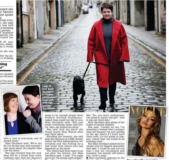  ??  ?? Lady in red: Ruth Davidson in Vogue photoshoot. Inset left, with her partner Jen Wilson Revealing: The magazine