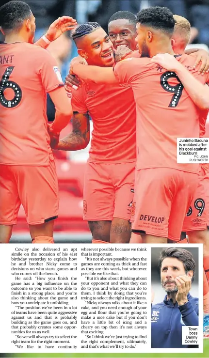  ??  ?? Juninho Bacuna is mobbed after his goal against Blackburn
PIC: JOHN RUSHWORTH
Town boss Danny Cowley