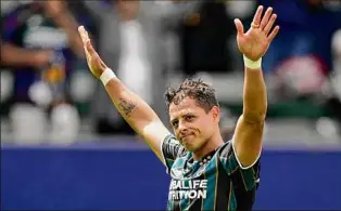  ?? Mark J. Terrill / Associated Press ?? L.A. Galaxy forward Javier Hernandez celebrates after scoring during the second half Saturday against Austin FC. He scored after a pass by Julian Araujo.