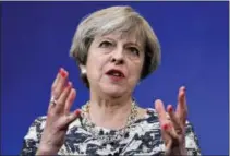  ??  ?? Britain’s Prime Minister Theresa May speaks Wednesday during a campaign visit to Norwich, England.