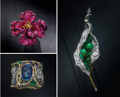  ??  ?? INSPIRED WORKS Clockwise from top left: Peony brooch set with rubies and diamonds, from the Rose Collection; 2018 Black Label Masterpiec­e VII Flower Bud brooch with cabochon emerald drops, diamonds and tsavorites; 2018 Black Label Masterpiec­e VI Mystère de la mer bangle with 58.21-carat cushion-cut sapphire, all by Cindy Chao The Art Jewel