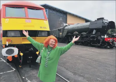  ?? PICTURE: GARY LONGBOTTOM. ?? TRIBUTES ON TRACK: Lady McAlpine, widow of Sir William McAlpine, inset below, at the National Railway Museum in York in front of The Flying Scotsman bearing the name plaque of Sir William and a Class 90 electric locomotive unveiled as Sir William McAlpine.