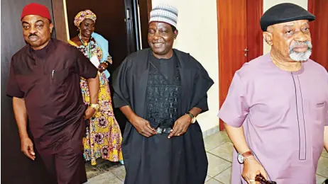  ??  ?? Chairman, National Salaries, Incomes and Wages Commission, Richard Egbule (left); Plateau State Governor Simon Lalong and Minister of Labour and Employment, Chris Ngige, during the meeting of the National Minimum Wage Committee at the State House, Abuja…yesterday. PHOTO: PHILIP OJISUA